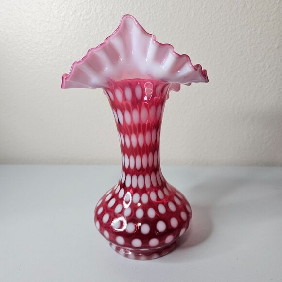 Fenton Glass Jack In The Pulpit Tulip Vase Cranberry White Polka Dot Ruffle 9" - Picture 6 of 8